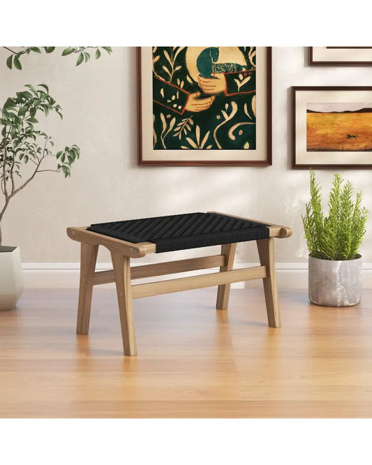 Indoor Outdoor Ottoman Footstool Teak Wooden Foot Rest with Handwoven Cordage - Natural & Black - Ottomans