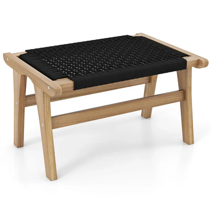 Indoor Outdoor Ottoman Footstool Teak Wooden Foot Rest with Handwoven Cordage - Natural & Black - Ottomans