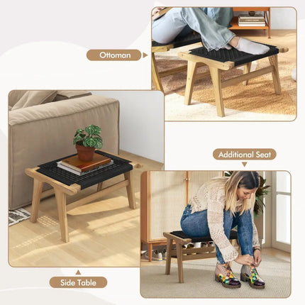 Indoor Outdoor Ottoman Footstool Teak Wooden Foot Rest with Handwoven Cordage - Natural & Black - Ottomans