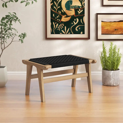 Indoor Outdoor Ottoman Footstool Teak Wooden Foot Rest with Handwoven Cordage - Natural & Black - Ottomans