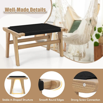Indoor Outdoor Ottoman Footstool Teak Wooden Foot Rest with Handwoven Cordage - Natural & Black - Ottomans