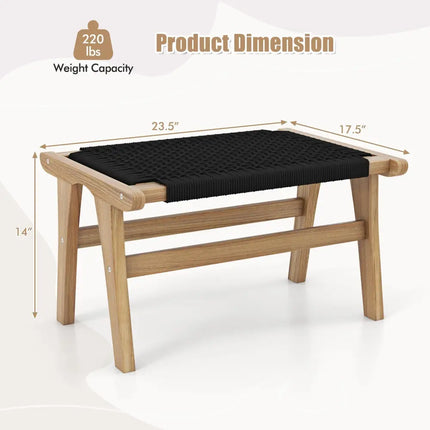 Indoor Outdoor Ottoman Footstool Teak Wooden Foot Rest with Handwoven Cordage - Natural & Black - Ottomans