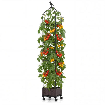 Indoor Outdoor Raised Garden Bed with Trellis and Self-Drainage and Wheels-Black - Black - Plant Supports