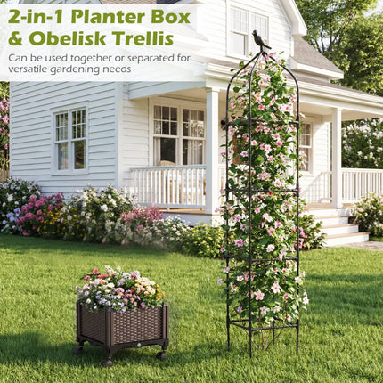 Indoor Outdoor Raised Garden Bed with Trellis and Self-Drainage and Wheels-Black - Black - Plant Supports