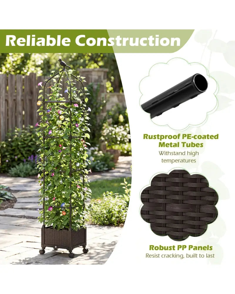 Indoor Outdoor Raised Garden Bed with Trellis and Self-Drainage and Wheels-Black - Black - Plant Supports