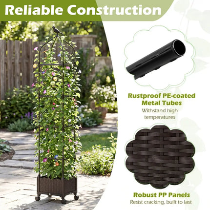 Indoor Outdoor Raised Garden Bed with Trellis and Self-Drainage and Wheels-Black - Black - Plant Supports