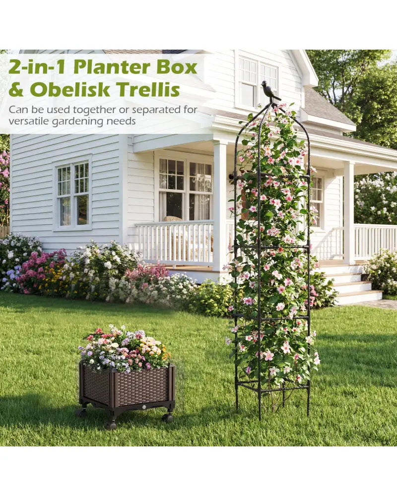 Indoor Outdoor Raised Garden Bed with Trellis and Self-Drainage and Wheels-Black - Black - Plant Supports