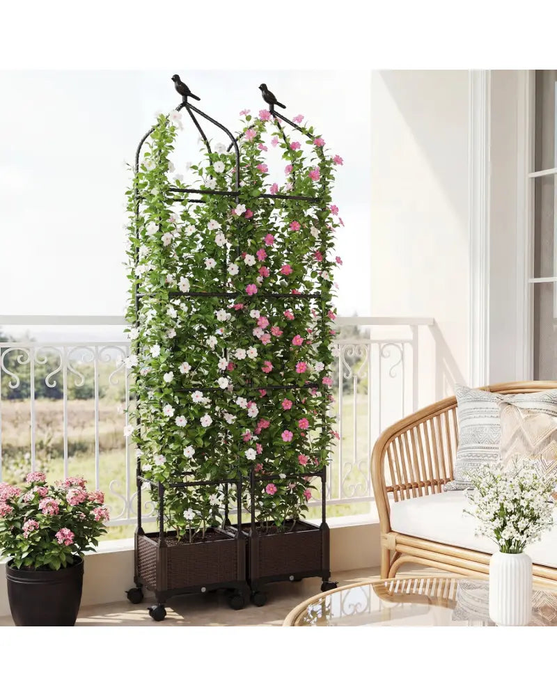 Indoor Outdoor Raised Garden Bed with Trellis and Self-Drainage and Wheels-Black - Black - Plant Supports