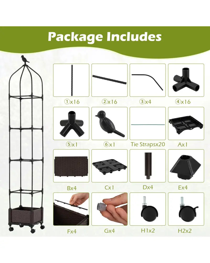 Indoor Outdoor Raised Garden Bed with Trellis and Self-Drainage and Wheels-Black - Black - Plant Supports
