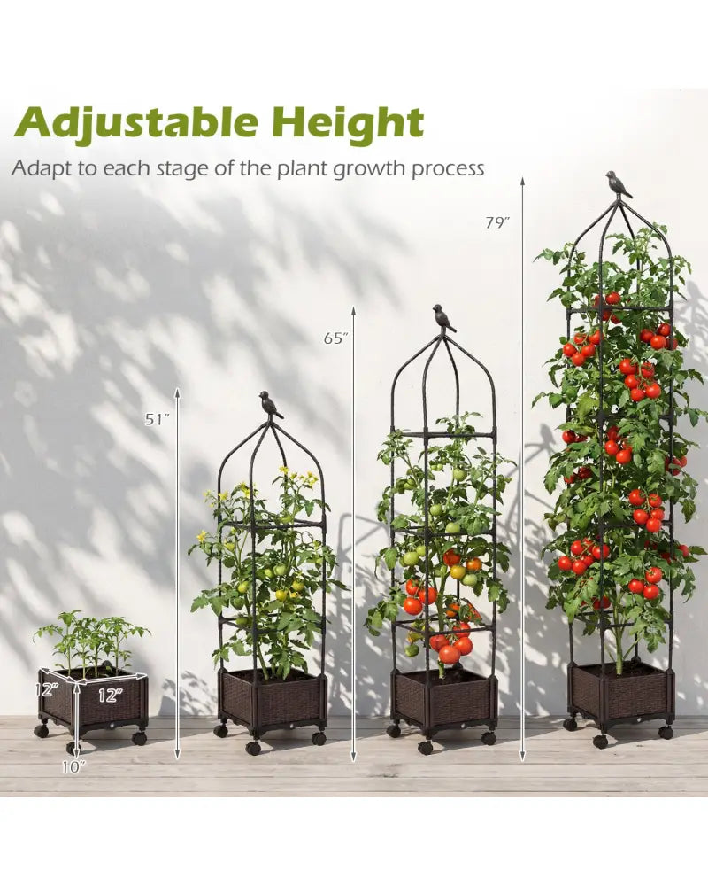 Indoor Outdoor Raised Garden Bed with Trellis and Self-Drainage and Wheels-Black - Black - Plant Supports