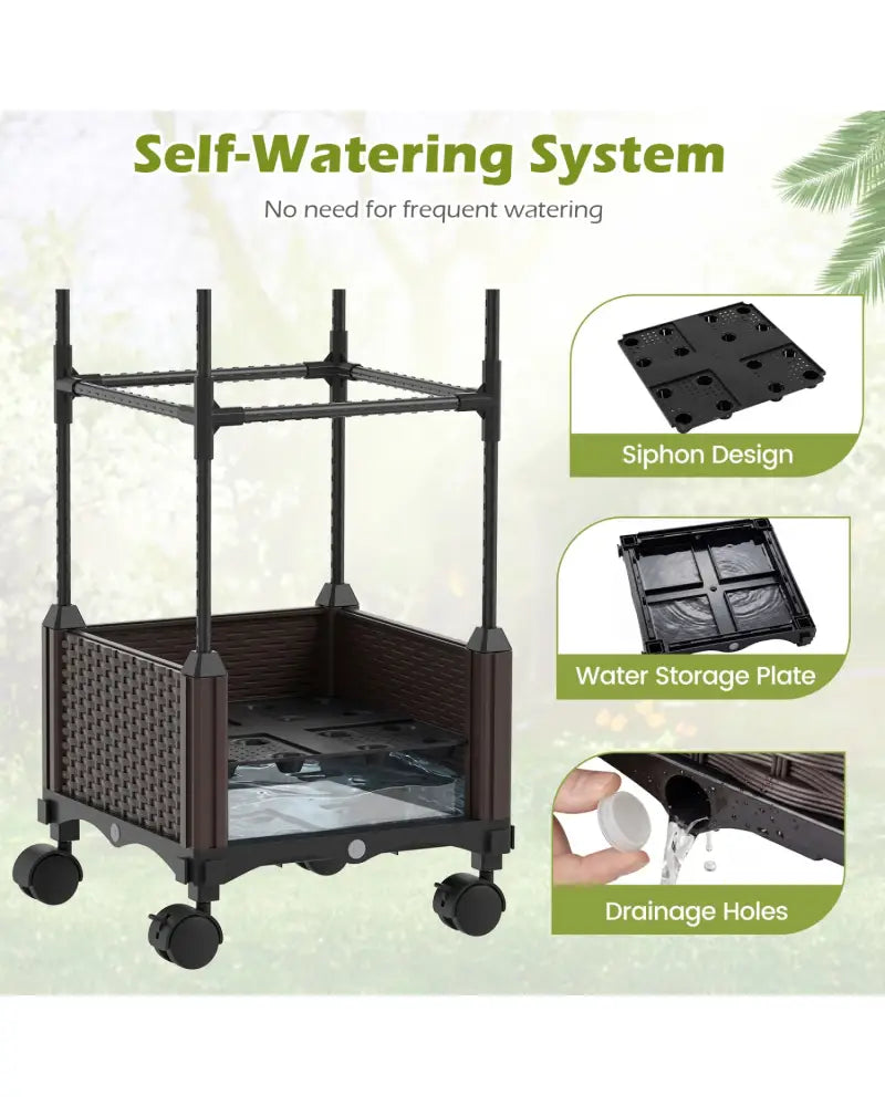 Indoor Outdoor Raised Garden Bed with Trellis and Self-Drainage and Wheels-Black - Black - Plant Supports