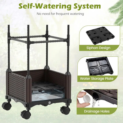Indoor Outdoor Raised Garden Bed with Trellis and Self-Drainage and Wheels-Black - Black - Plant Supports