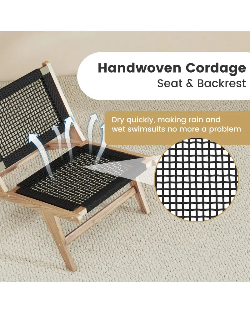 Indoor Outdoor Teak Wooden Chair with Handwoven Cordage Seat and Backrest - Natural & Black - Patio Dining Chairs