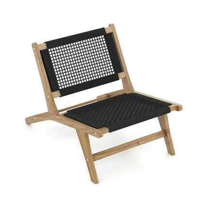 Indoor Outdoor Teak Wooden Chair with Handwoven Cordage Seat and Backrest - Natural & Black - Patio Dining Chairs