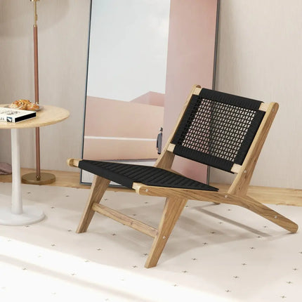 Indoor Outdoor Teak Wooden Chair with Handwoven Cordage Seat and Backrest - Natural & Black - Patio Dining Chairs