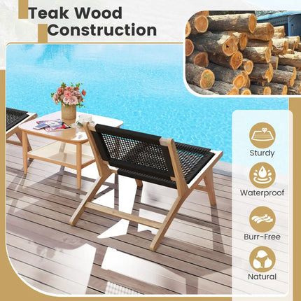 Indoor Outdoor Teak Wooden Chair with Handwoven Cordage Seat and Backrest - Natural & Black - Patio Dining Chairs