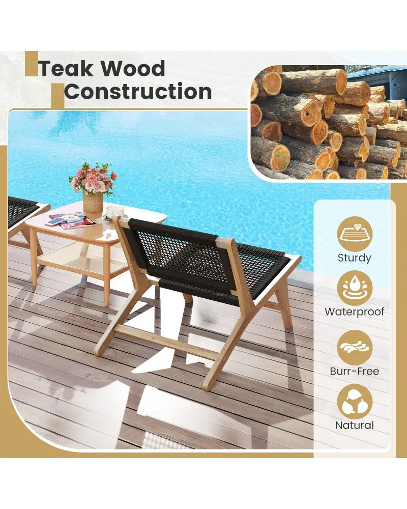 Indoor Outdoor Teak Wooden Chair with Handwoven Cordage Seat and Backrest - Natural & Black - Patio Dining Chairs