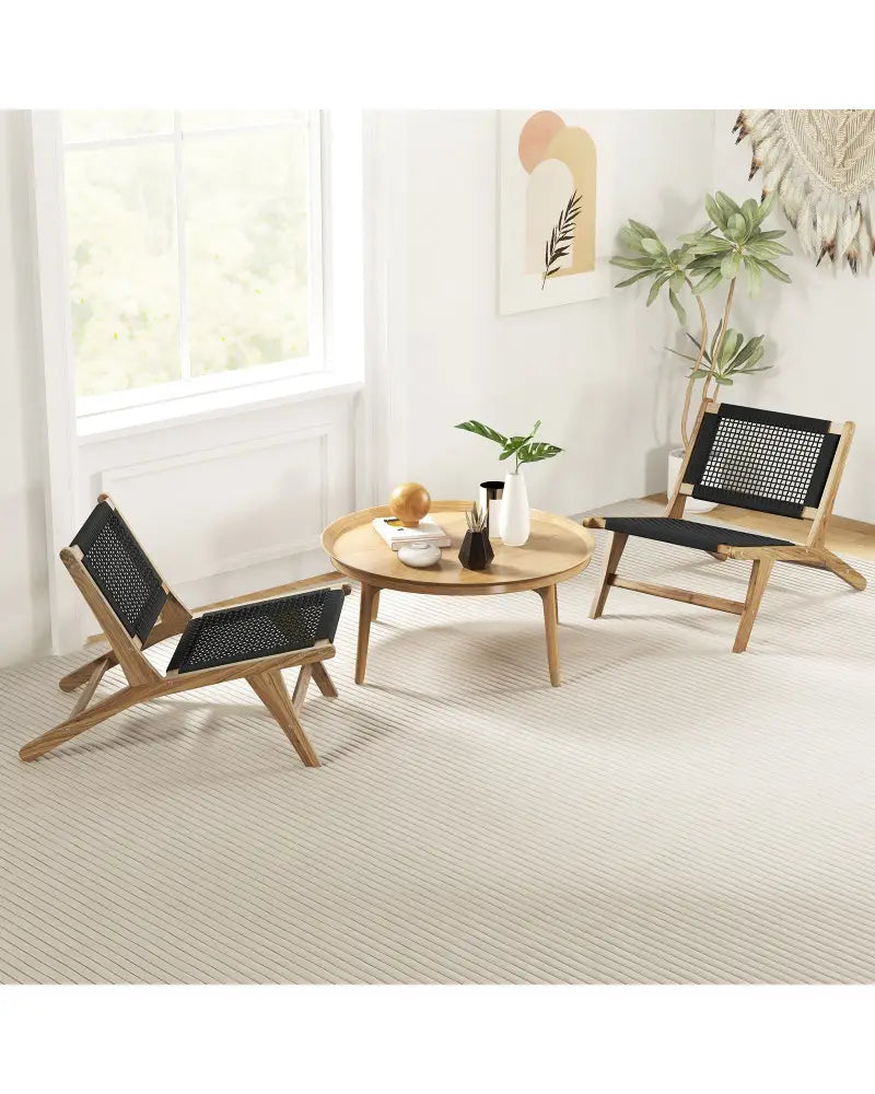Indoor Outdoor Teak Wooden Chair with Handwoven Cordage Seat and Backrest - Natural & Black - Patio Dining Chairs