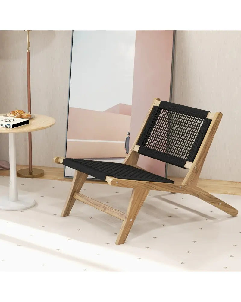 Indoor Outdoor Teak Wooden Chair with Handwoven Cordage Seat and Backrest - Natural & Black - Patio Dining Chairs