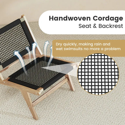 Indoor Outdoor Teak Wooden Chair with Handwoven Cordage Seat and Backrest - Natural & Black - Patio Dining Chairs