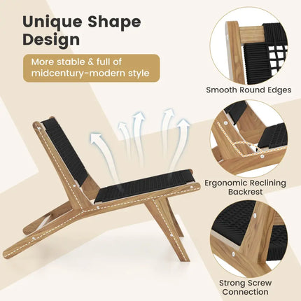 Indoor Outdoor Teak Wooden Chair with Handwoven Cordage Seat and Backrest - Natural & Black - Patio Dining Chairs