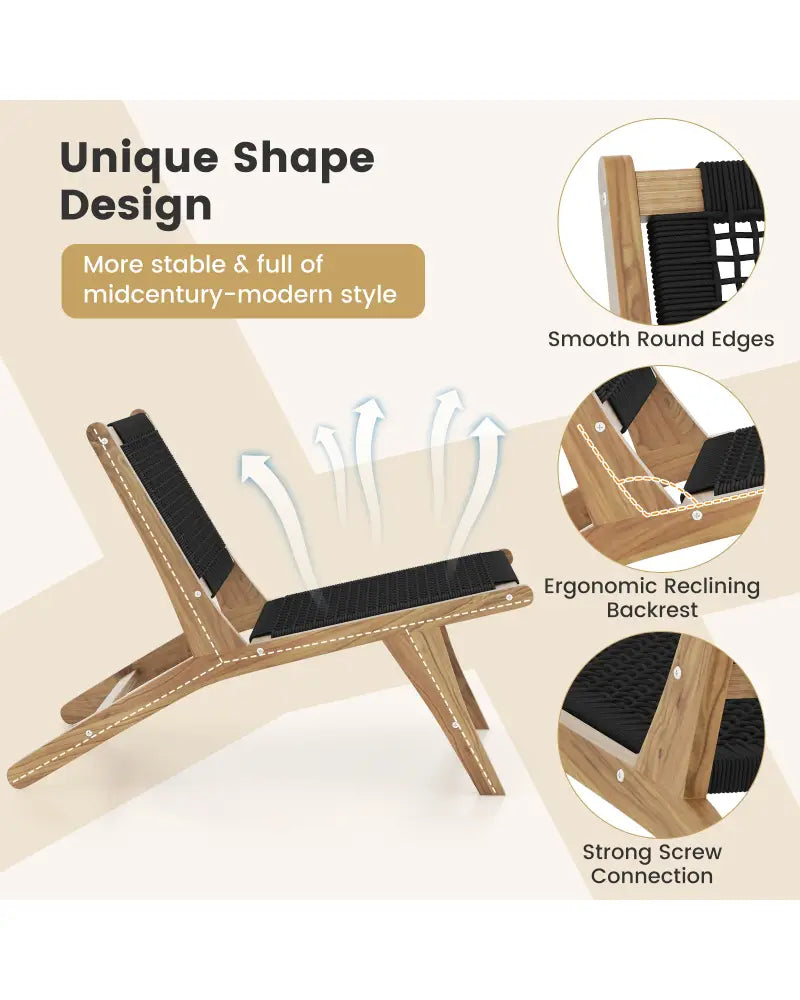 Indoor Outdoor Teak Wooden Chair with Handwoven Cordage Seat and Backrest - Natural & Black - Patio Dining Chairs