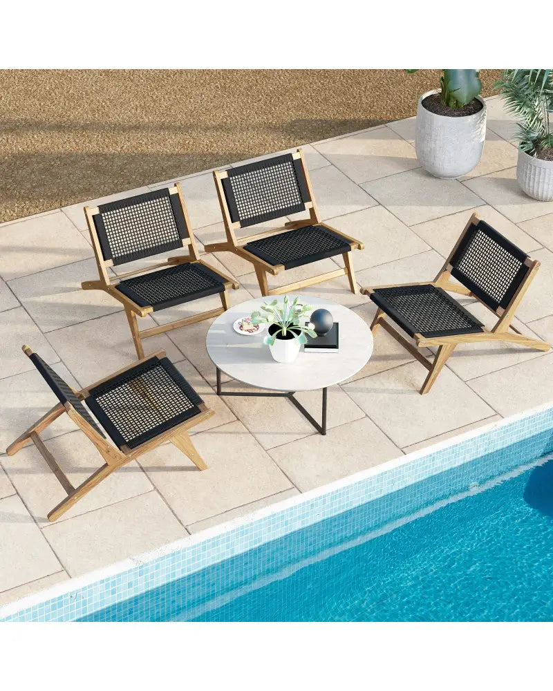 Indoor Outdoor Teak Wooden Chair with Handwoven Cordage Seat and Backrest - Natural & Black - Patio Dining Chairs