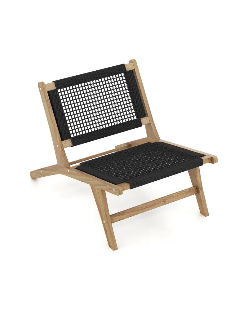 Indoor Outdoor Teak Wooden Chair with Handwoven Cordage Seat and Backrest - Natural & Black - Patio Dining Chairs