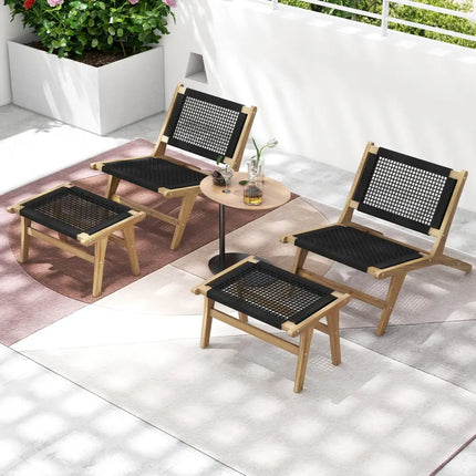 Indoor Outdoor Teak Wooden Chair with Handwoven Cordage Seat and Backrest - Natural & Black - Patio Dining Chairs