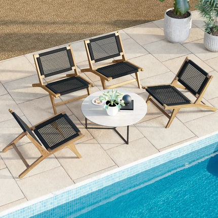 Indoor Outdoor Teak Wooden Chair with Handwoven Cordage Seat and Backrest - Natural & Black - Patio Dining Chairs