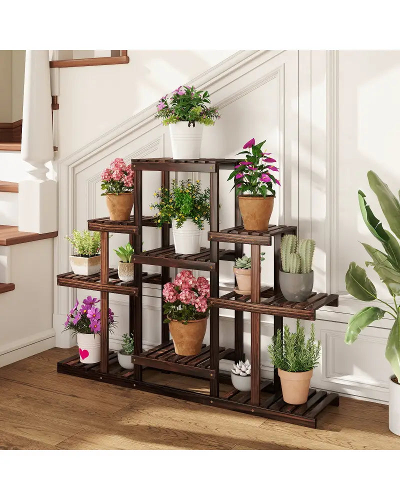 Indoor Outdoor Wood Plant Stand Multi-Tiered Corner Plant Shelf Flowerpot Holder-Brown - Brown - Plant Stands