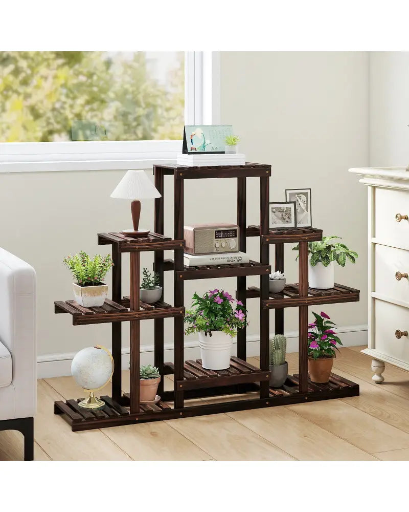 Indoor Outdoor Wood Plant Stand Multi-Tiered Corner Plant Shelf Flowerpot Holder-Brown - Brown - Plant Stands