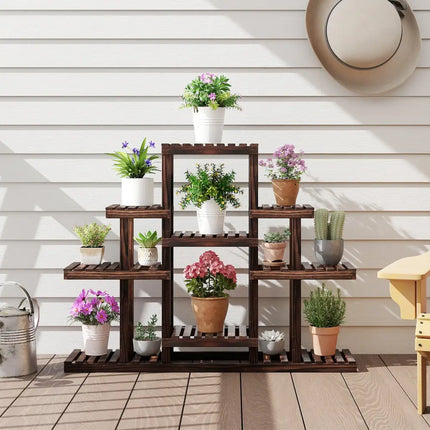 Indoor Outdoor Wood Plant Stand Multi-Tiered Corner Plant Shelf Flowerpot Holder-Brown - Brown - Plant Stands