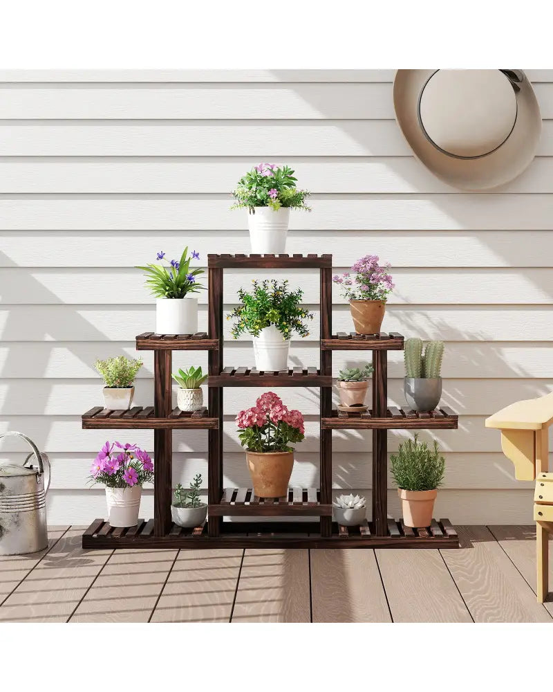 Indoor Outdoor Wood Plant Stand Multi-Tiered Corner Plant Shelf Flowerpot Holder-Brown - Brown - Plant Stands