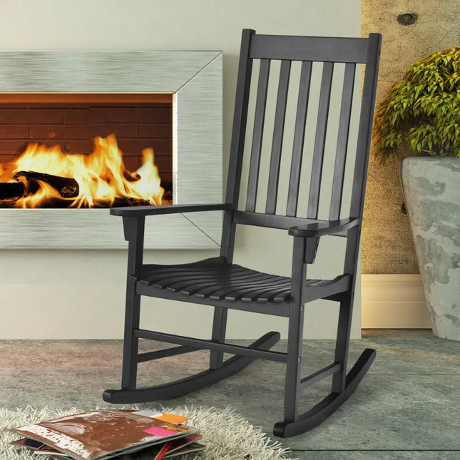 Indoor Outdoor Wooden High Back Rocking Chair-Black - Black - Patio Rocking Chairs & Gliders