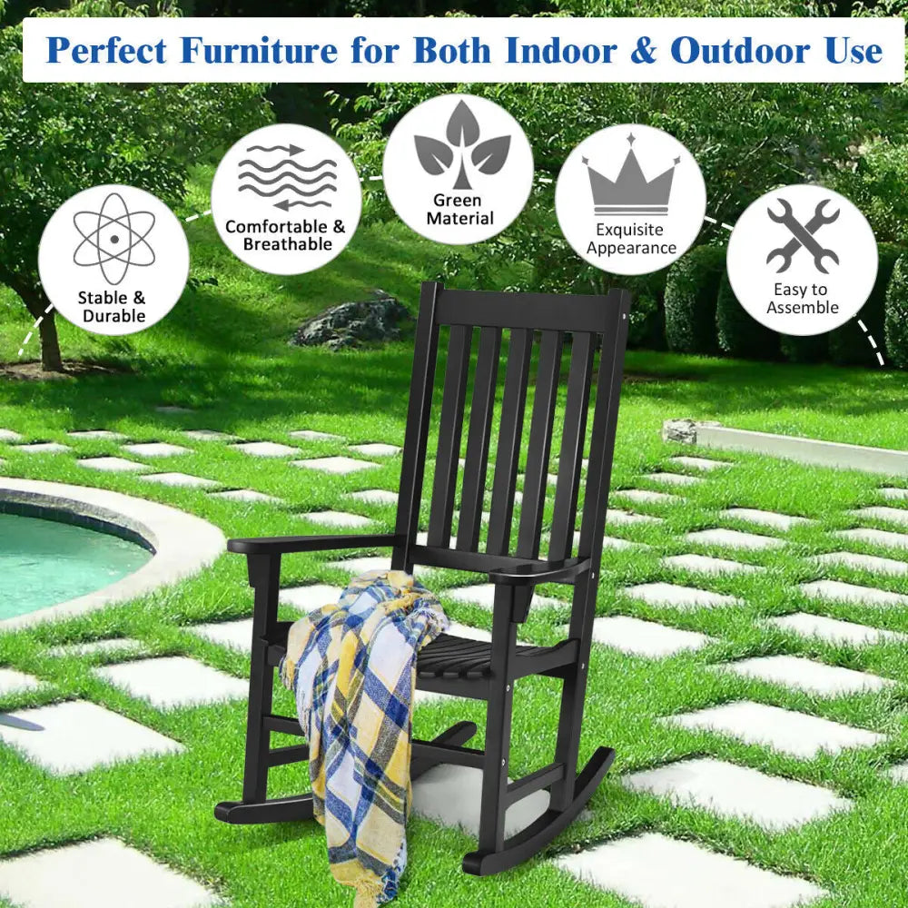 Indoor Outdoor Wooden High Back Rocking Chair-Black - Black - Patio Rocking Chairs & Gliders