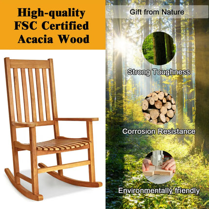 Indoor Outdoor Wooden High Back Rocking Chair-Wood - Natural - Patio Rocking Chairs & Gliders