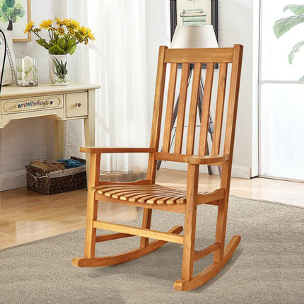 Indoor Outdoor Wooden High Back Rocking Chair-Wood - Natural - Patio Rocking Chairs & Gliders
