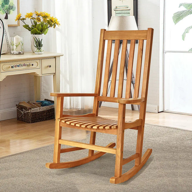 Indoor Outdoor Wooden High Back Rocking Chair-Wood - Natural - Patio Rocking Chairs & Gliders