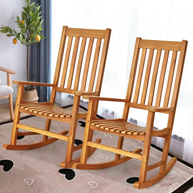 Indoor Outdoor Wooden High Back Rocking Chair-Wood - Natural - Patio Rocking Chairs & Gliders