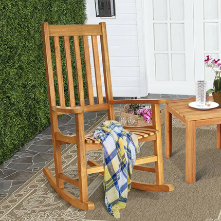 Indoor Outdoor Wooden High Back Rocking Chair-Wood - Natural - Patio Rocking Chairs & Gliders