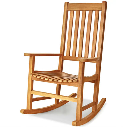 Indoor Outdoor Wooden High Back Rocking Chair-Wood - Natural - Patio Rocking Chairs & Gliders