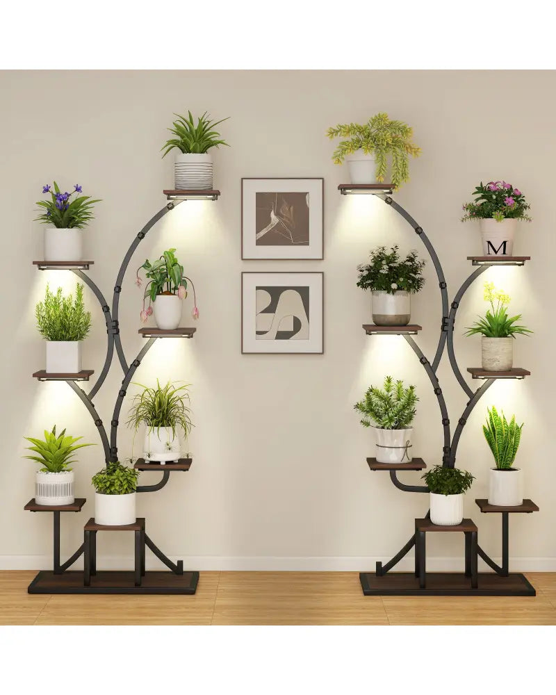 Indoor Plant Stand with Grow Lights 58’’ Tall 8-Tier Corner Metal Plant Shelf-Set of 2 - Brown - Plant Stands