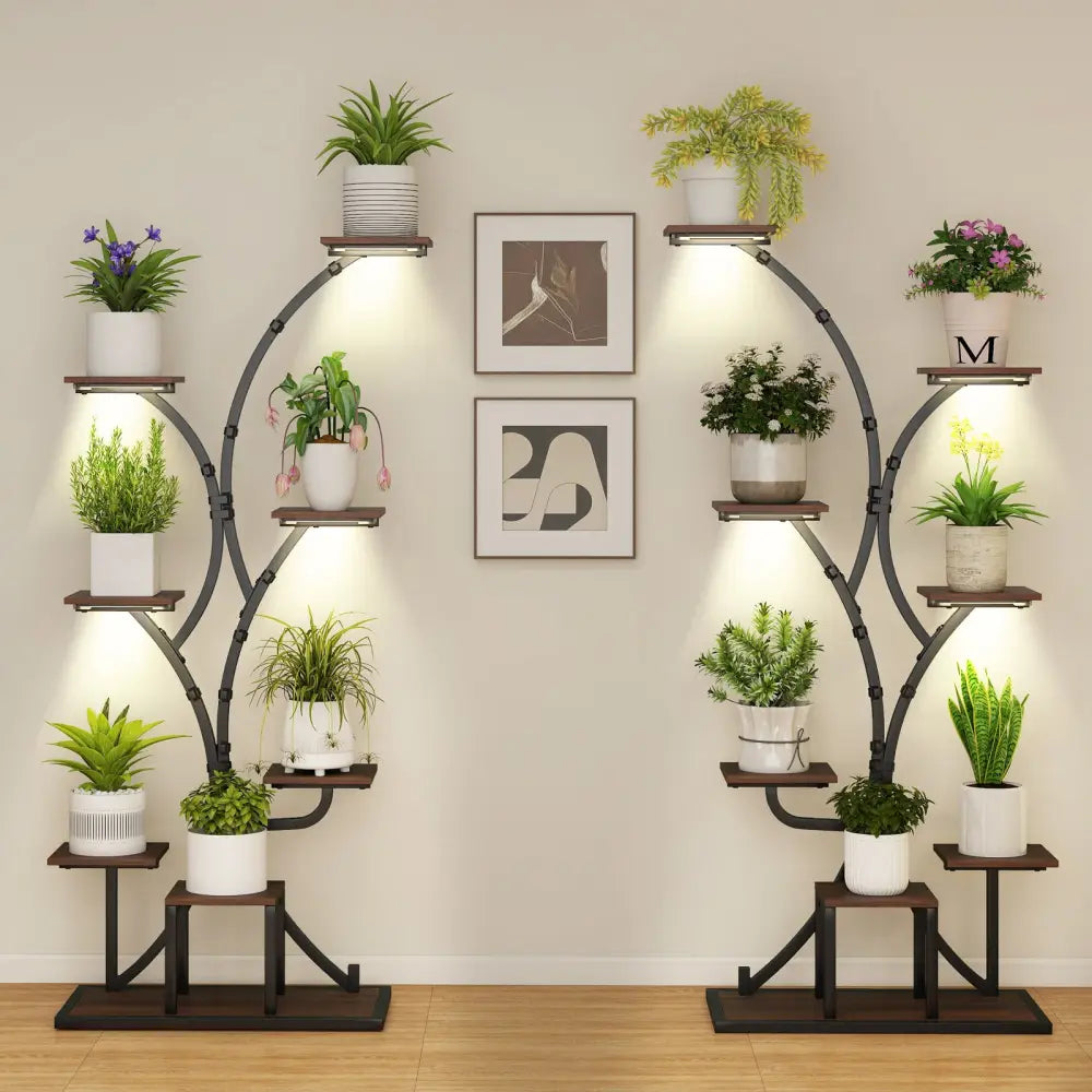 Indoor Plant Stand with Grow Lights 58’’ Tall 8-Tier Corner Metal Plant Shelf-Set of 2 - Brown - Plant Stands