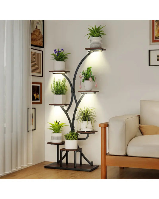 Indoor Plant Stand with Grow Lights 58’’ Tall 8-Tier Corner Metal Plant Shelf-Set of 2 - Brown - Plant Stands