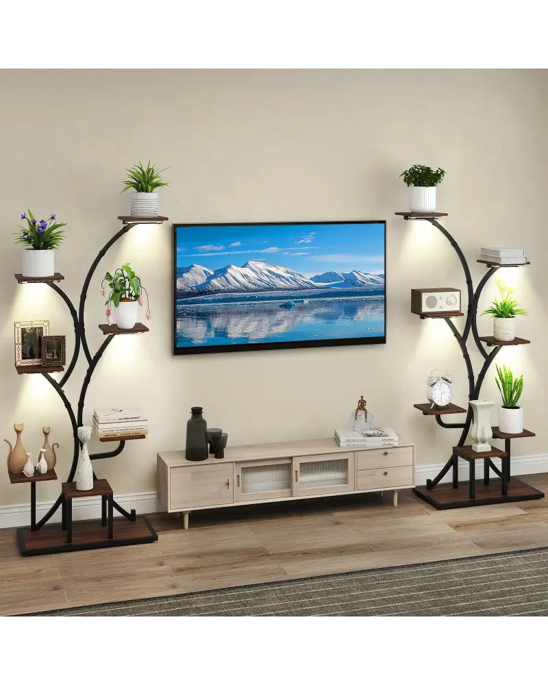 Indoor Plant Stand with Grow Lights 58’’ Tall 8-Tier Corner Metal Plant Shelf-Set of 2 - Brown - Plant Stands