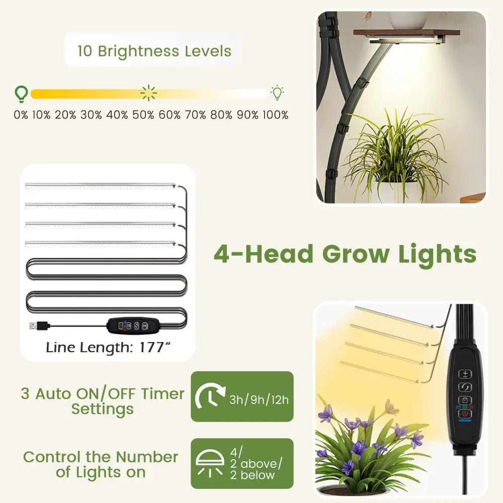 Indoor Plant Stand with Grow Lights 58’’ Tall 8-Tier Corner Metal Plant Shelf-Set of 2 - Brown - Plant Stands