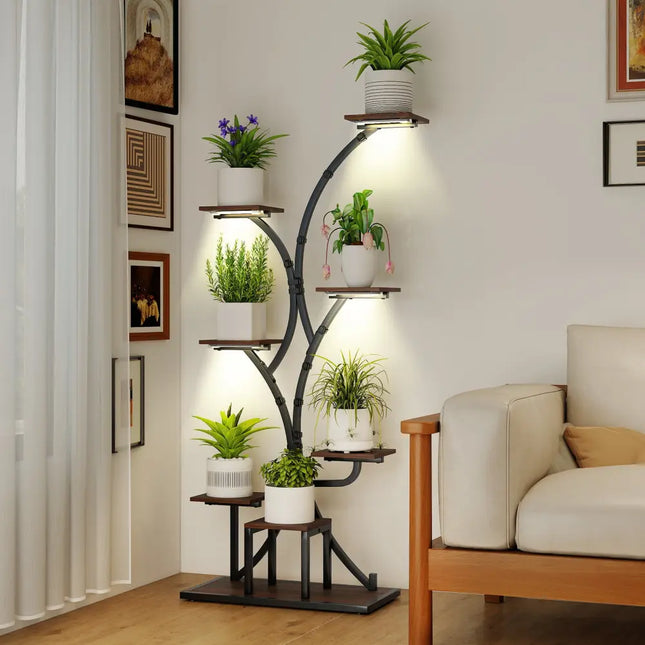Indoor Plant Stand with Grow Lights 58’’ Tall 8-Tier Corner Metal Plant Shelf-Set of 2 - Brown - Plant Stands