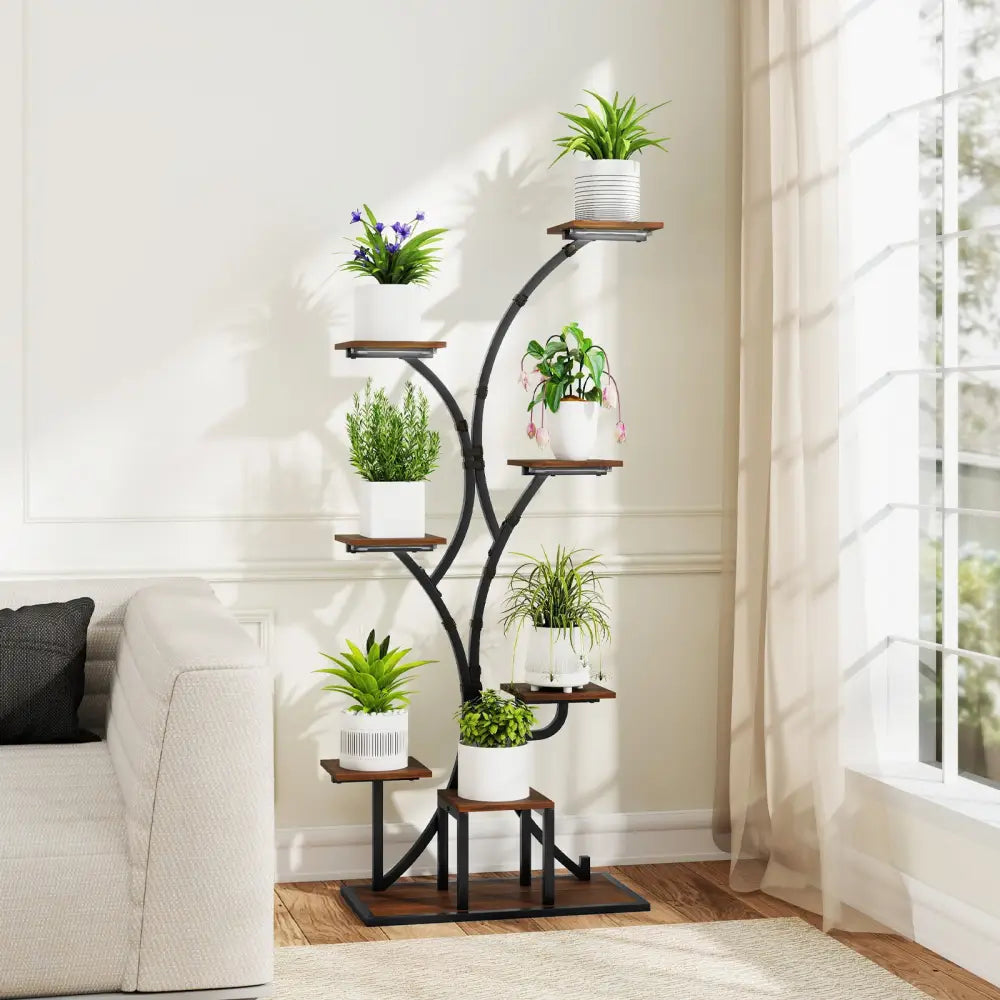 Indoor Plant Stand with Grow Lights 58’’ Tall 8-Tier Corner Metal Plant Shelf-Set of 2 - Brown - Plant Stands