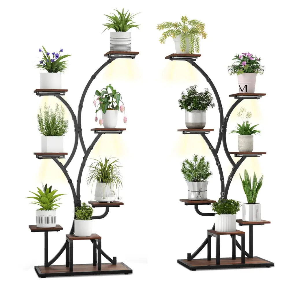 Indoor Plant Stand with Grow Lights 58’’ Tall 8-Tier Corner Metal Plant Shelf-Set of 2 - Brown - Plant Stands